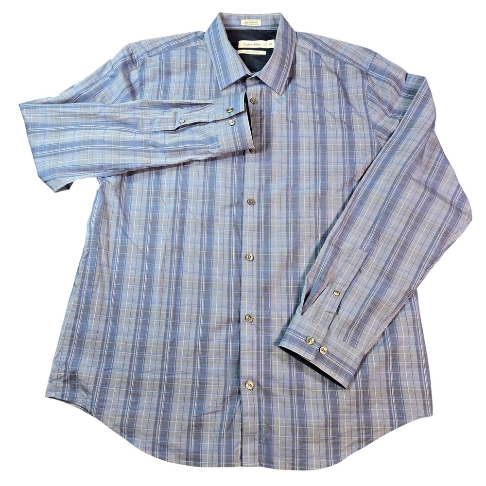 Calvin Klein Liquid Cotton Mens Large Blue Plaid Long Sleeve Button Down Shirt